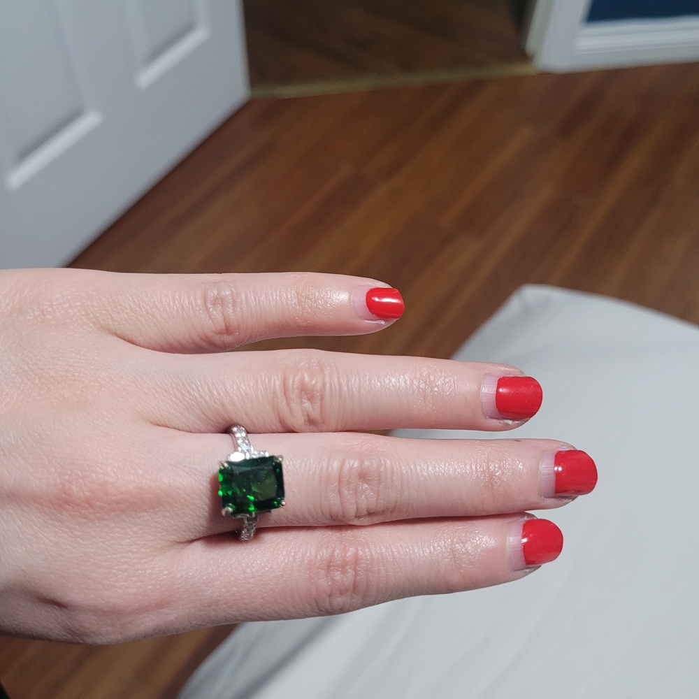 Green Square Gem Cocktail Ring with Silver Band